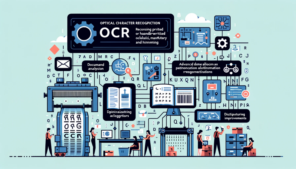 The flat design image illustrating the concept of 'OCR' (Optical Character Recognition) technology in the context of manufacturing has been created, highlighting its role in digitalization, quality control, and process efficiency.




